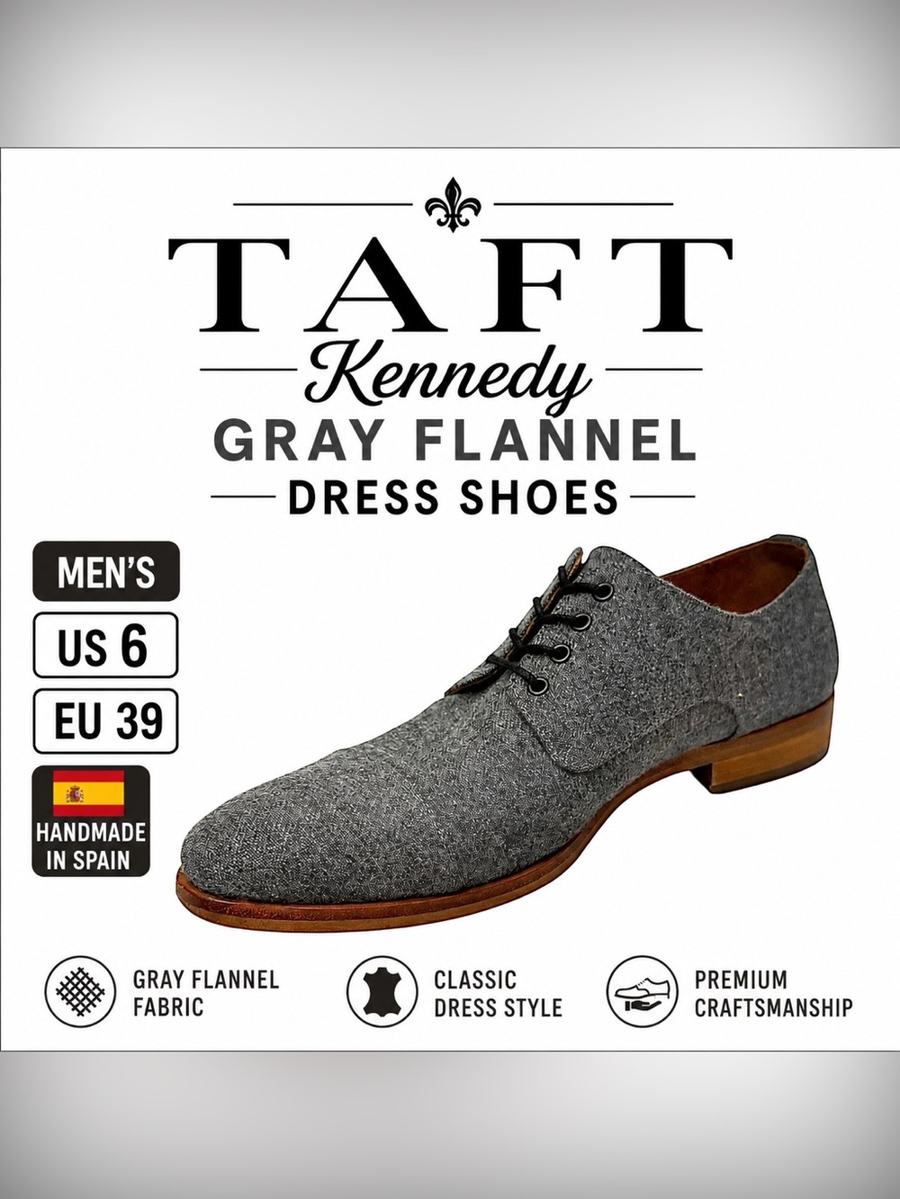 TAFT Kennedy Gray Flannel Dress Shoes Men’s US 6 EU 39 Handmade Spain Lace Up
